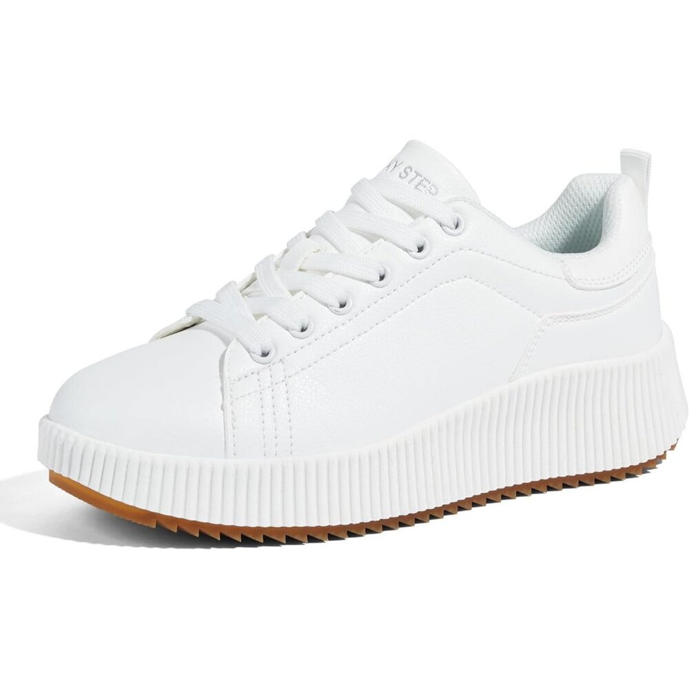 Lucky Step Women's White PU Platform Sneakers Rhinestone Fashion Chunky Shoes